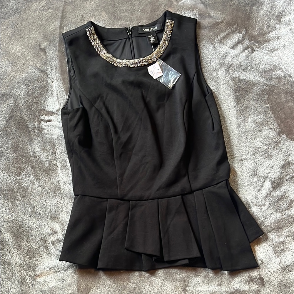 White House Black Market Black Peplum Sleeveless Top  Sparkling Neckline NWT 2